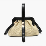 Sandy Twist Lock Straw Satchel Purse w/ Faux Black Leather Trim