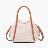 Brynne Straw Satchel Purse w/ Faux Brown Leather Trim