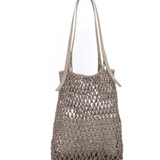 Vida Macrame Tote Bag w/ Vegan Leather Handles - Light Stone