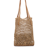 Vida Macrame Tote Bag w/ Vegan Leather Handles - Camel