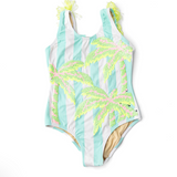 Palm Stripe Girls Sequin Fringe Back One Piece Swimsuit - Mint Stripe