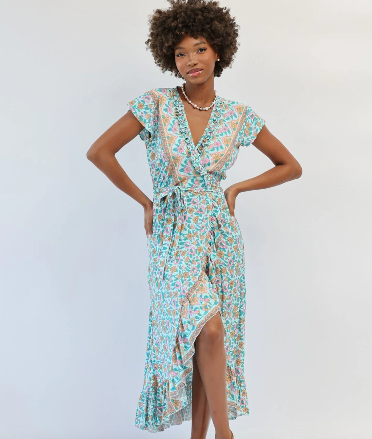 Havana Maxi Wrap Dress - Seafoam Boho Floral