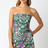 Strapless Romper with Faux Wrap Skirt - Green Floral Print