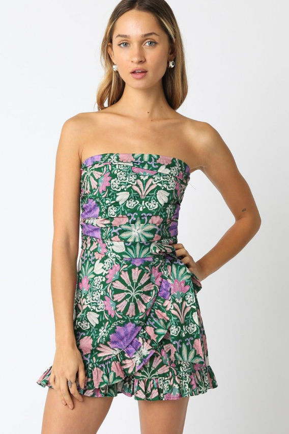 Strapless Romper with Faux Wrap Skirt - Green Floral Print