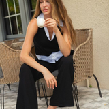 Double Layered Sweater Knit Tank Over Collared Tank by Elan -  Black & White