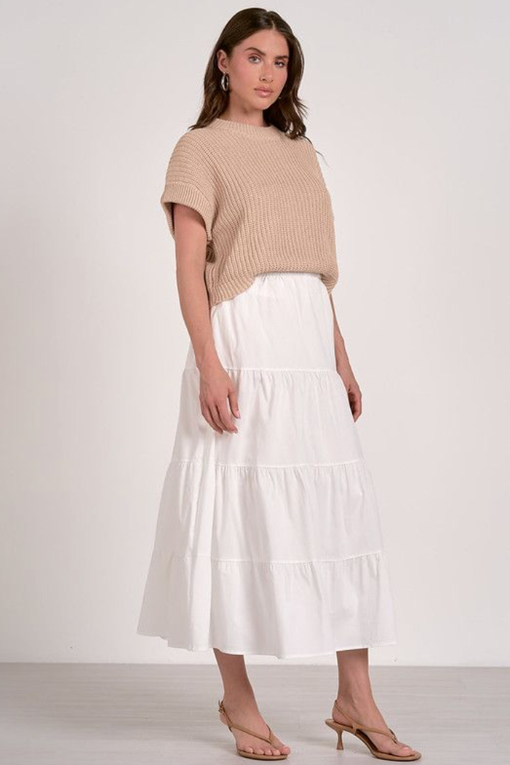 Tan Sweater Knit Midi Tank  Dress w/ Tiered Cotton Skirt by Elan - Tan White Combo