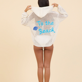 Natural Hoodie Sweater With 'To The Beach' Embroidery   - Natural Tan and Blue