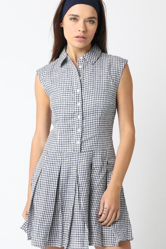Gingham Mini Shirt Dress With Collar - Black and White
