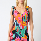 Linen Tie Strap Romper With Abstract Floral - Pink Multi