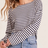 Drop Shoulder Boat Neck Top by Bobi - Navy White Stripe