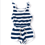 Girls Terry Cloth Romper - Navy Blue Stripe