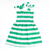 Girls Terry Cloth Dress With Tie Straps - Green Stripe