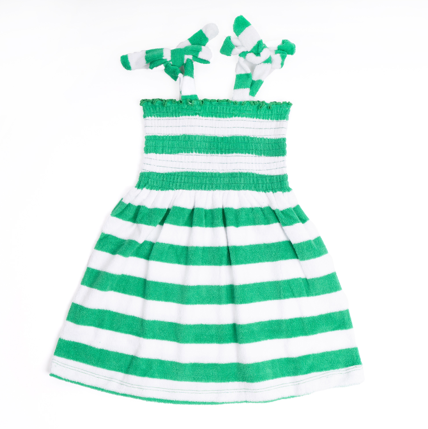 Girls Terry Cloth Dress With Tie Straps - Green Stripe