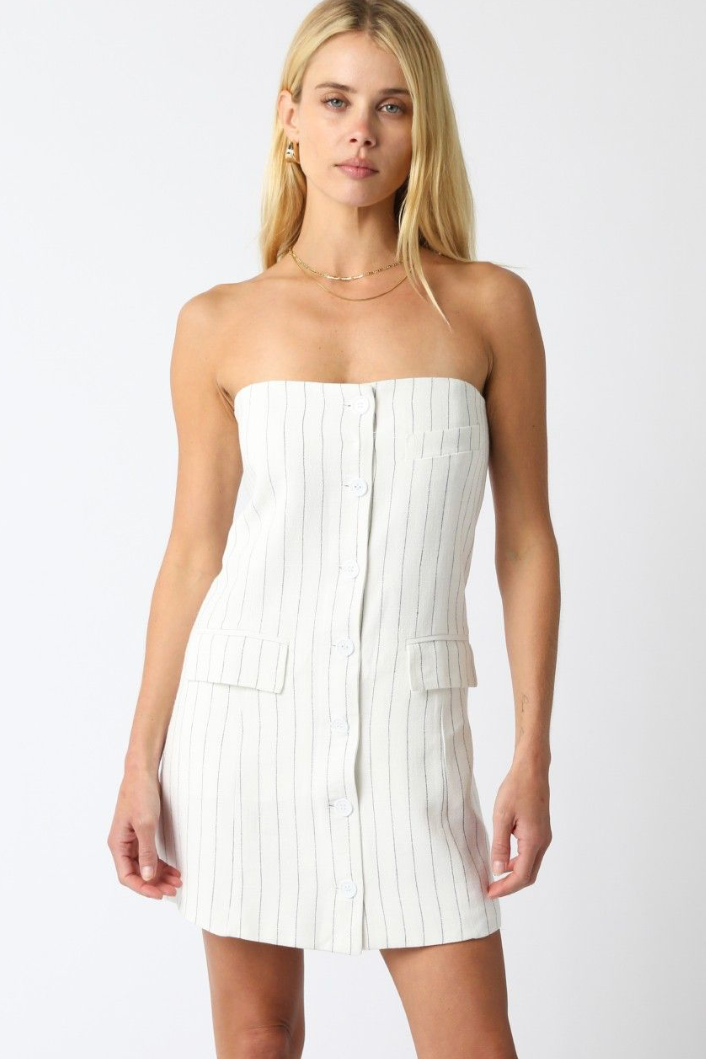 White Pinstripe Strapless Mini Dress With Button Front