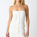 White Pinstripe Strapless Mini Dress With Button Front