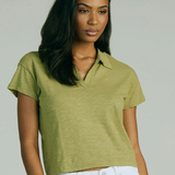 Short Sleeve Split Neck Collar Tee by Bobi - Artichoke Green