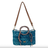 Corn Husk Small Tote with Colorful Circle Handle and Faux Leather Strap  - Blue