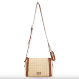 Straw Crossbody Purse with Mini Pouch and Faux Leather Strap  - Natural Straw
