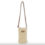 Crochet Paper Straw Crossbody Purse with Faux Leather  Strap - Natural Straw / Brown