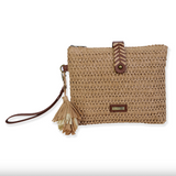 Straw Clutch Purse w/  Tassel & Faux Leather Foldover Close and Strap - Tan Straw / Brown
