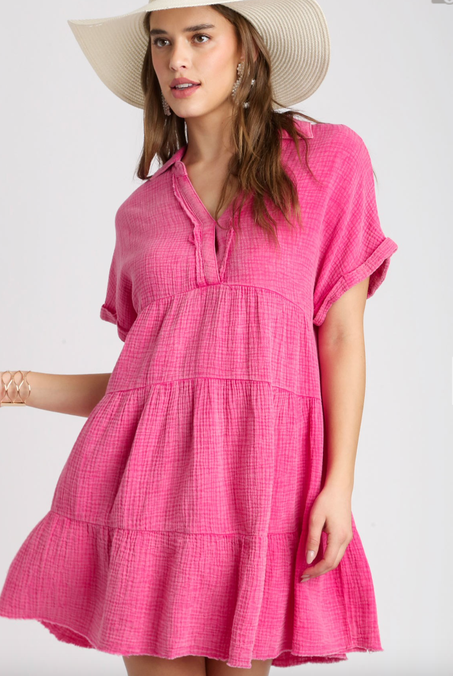Tiered V Neck Gauze Dress w/ Collar - Hot Pink