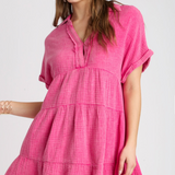 Tiered V Neck Gauze Dress w/ Collar - Hot Pink