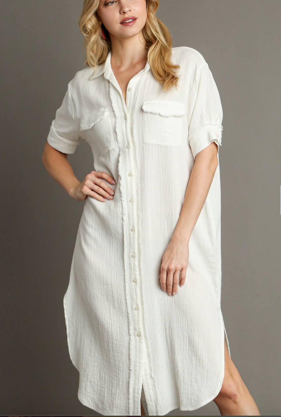 Off White Gauze Button Up Maxi Dress w/ Raw Edges