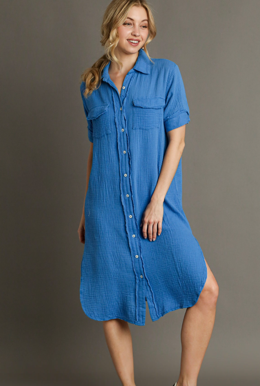 Ocean Blue Gauze Button Up Maxi Dress w/ Raw Edges
