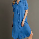 Ocean Blue Gauze Button Up Maxi Dress w/ Raw Edges