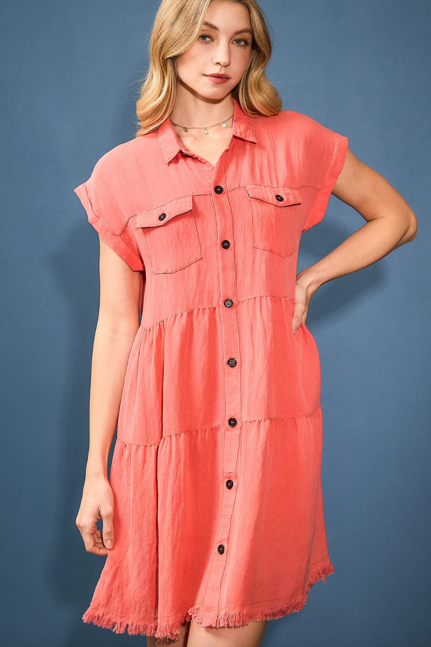 Short Sleeve Button Up Collared Dress w/ Raw Hem - Coral Pink