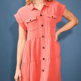 Short Sleeve Button Up Collared Dress w/ Raw Hem - Coral Pink