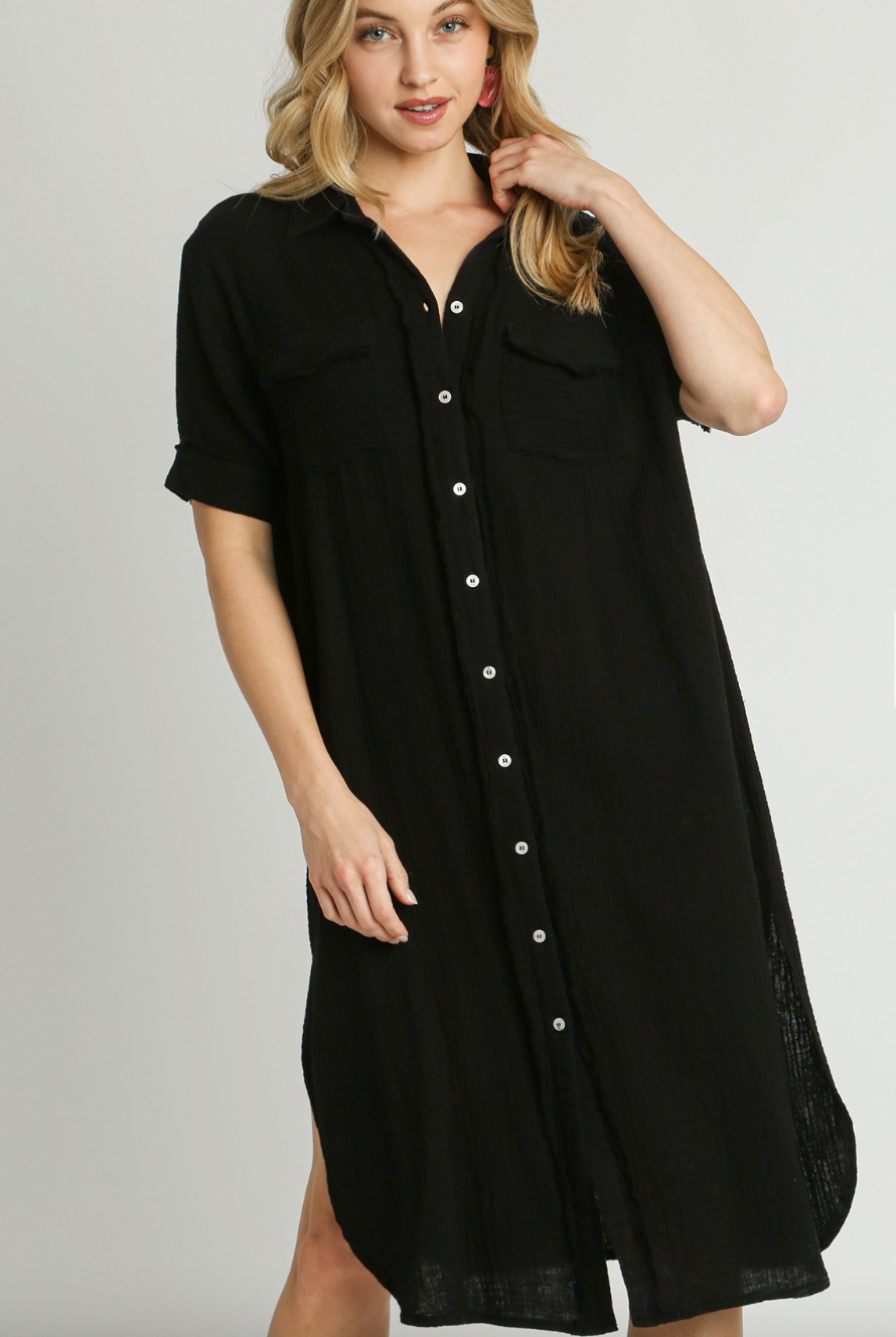 Black Gauze Button Up Maxi Dress w/ Raw Edges