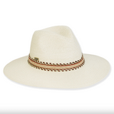 Woven Tan Straw Safari Hat w/ Patterned Brown Band - White