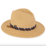 Woven Natural Straw Safari Hat w/ Blue Stripe Fabric & Leather Band