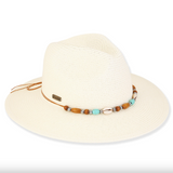 Woven White Paper Straw Safari Hat w/ Beaded Wood, Shell, Turquise Band