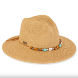 Woven White Tan Straw Safari Hat w/ Beaded Wood, Shell, Turquise Band