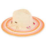 Coral & Tan Striped Straw Safari Hat w/ Beaded Wood and Shell Band
