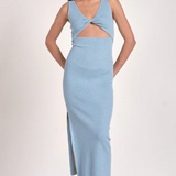 Fitted Midi Knit Dress With Twist Back by Elan - Blue