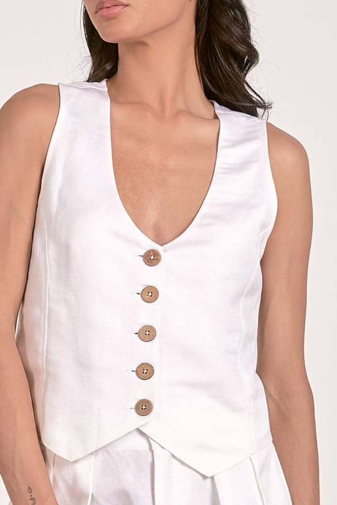 Linen Halter Vest Button Front Tank by Elan - White