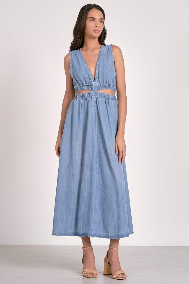 Lightweight Denim Midi Dress With Cutouts At Waist by Elan - Medium Blue Denim