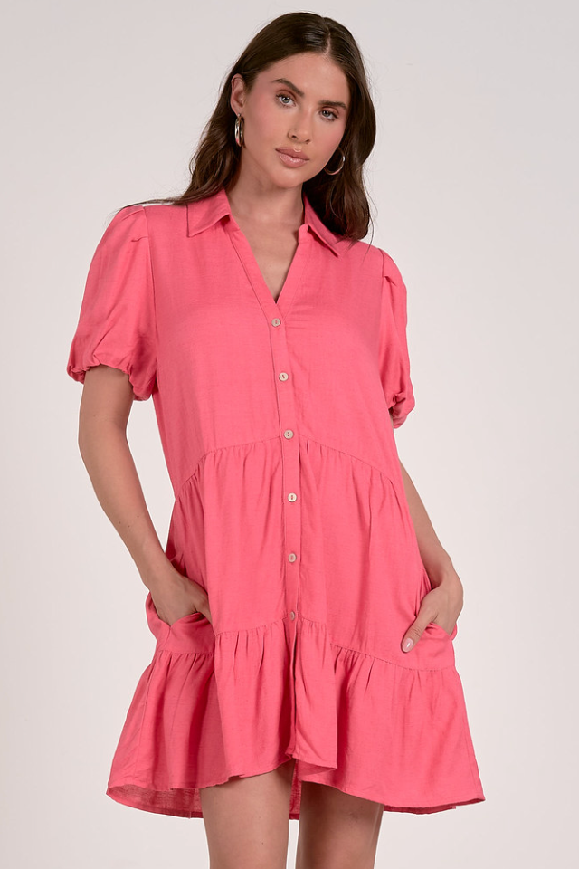 Short Sleeve Shirt Dress With Collar by Elan - Pink
