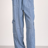Lightweight Denim Cargo Pants by Elan - Medium Blue
