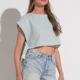 Short Sleeve Linen Crop Shirt by Elan - Light Teal