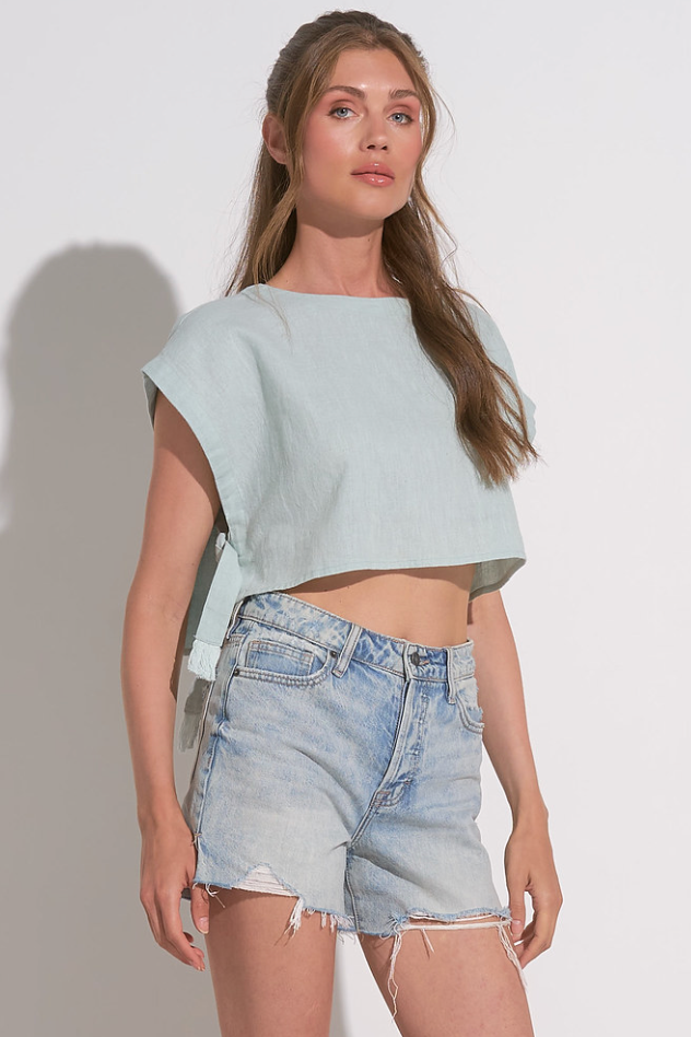 Short Sleeve Linen Crop Shirt by Elan - Light Teal