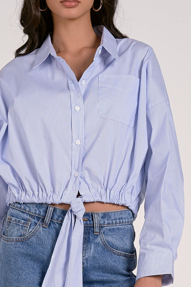 Striped Button Down Collared Shirt With Tie Waist by Elan - Blue / White