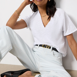 Split Neck Short Sleeve Raglan Tee- White By Bobi