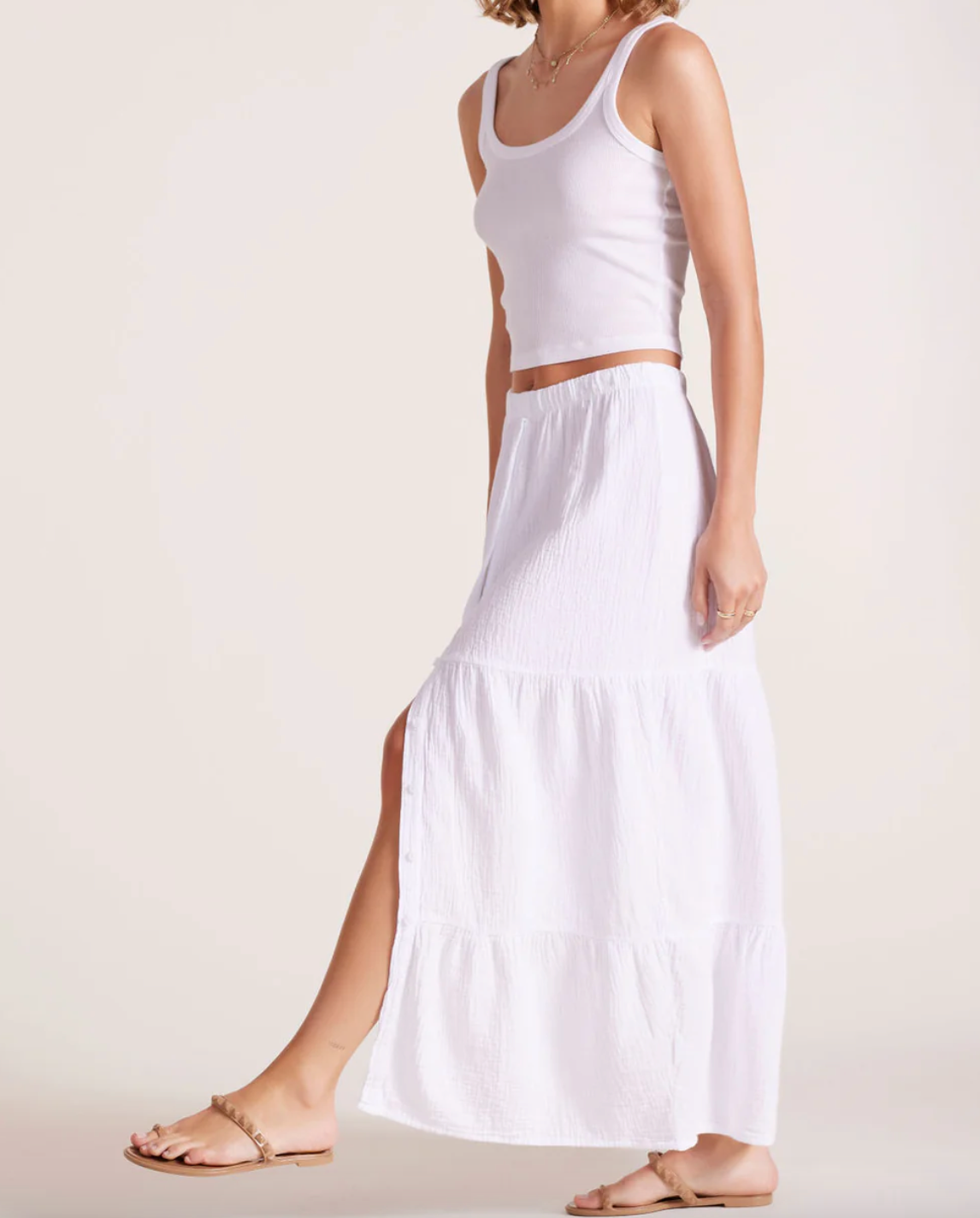 Tiered Button Front Skirt by Bobi - White
