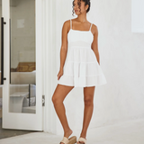 Tie Back Tiered Short Dress - White