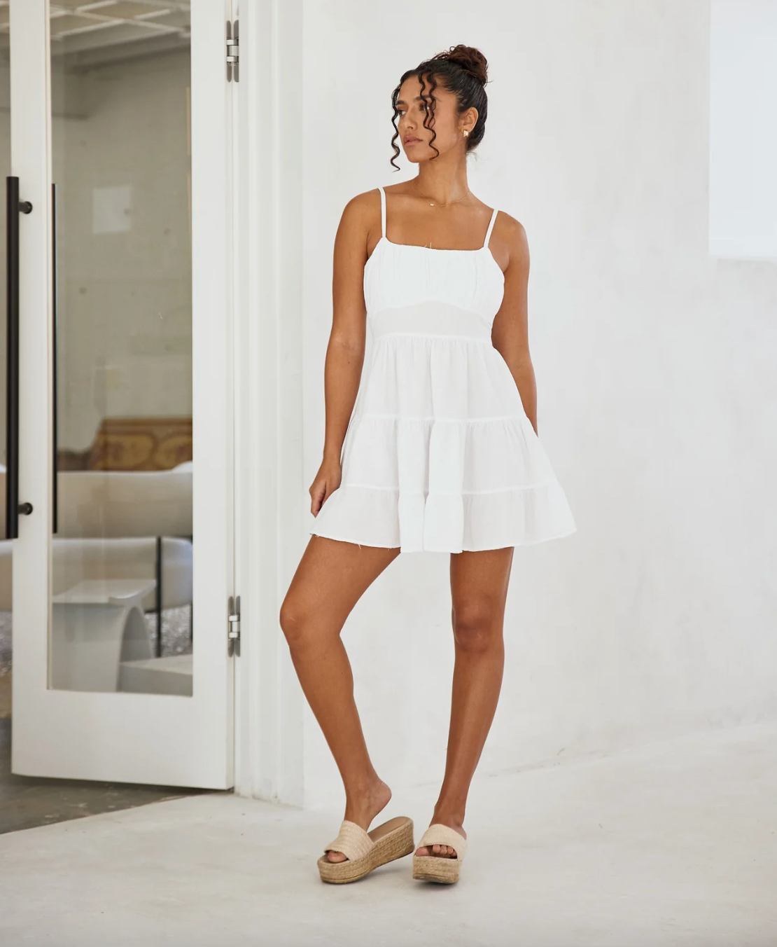 Tie Back Tiered Short Dress - White