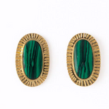 Daphne oval green stone post earrings framed in brass